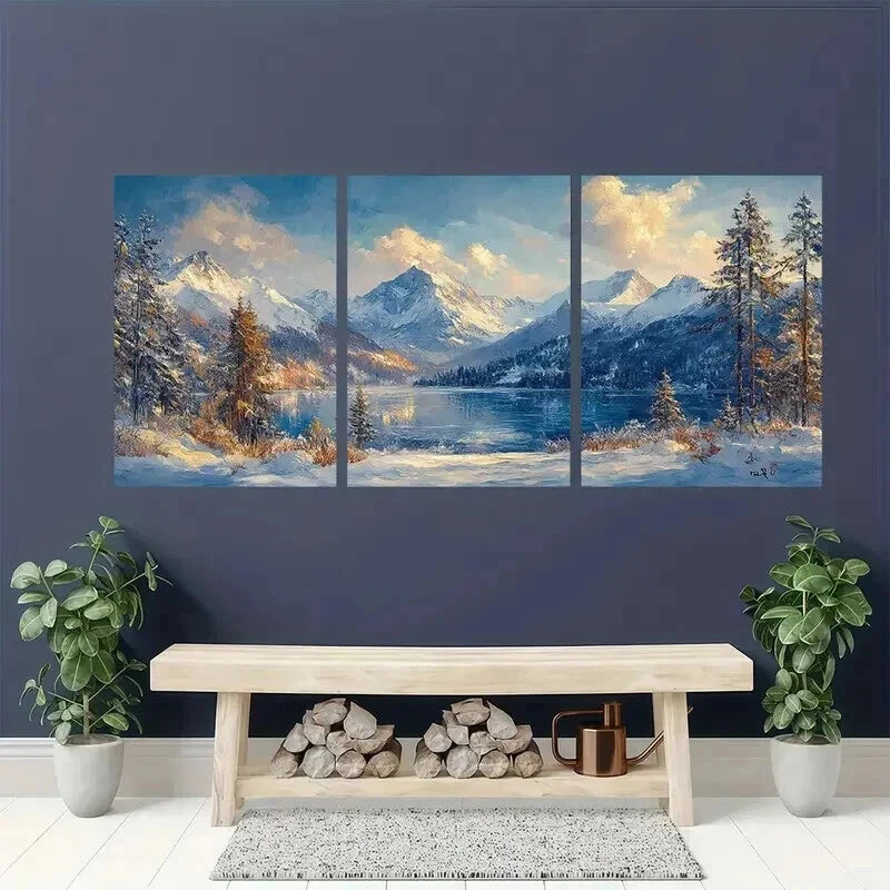 3pcs Nordic Alps Winter Landscape Theme Wall Art Set Canvas Framed 60x90cm - High Quality Print 100% Australian Made Wall Canvas Ready to Hang - Bella Home Decor