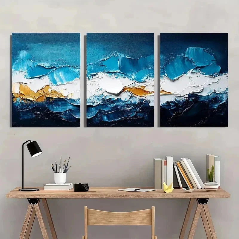 3pcs Blue and White Abstract Textured Perfect Wall Art Set Canvas Framed 60x90cm - High Quality Print 100% Australian Made Wall Canvas Ready to Hang - Bella Home Decor