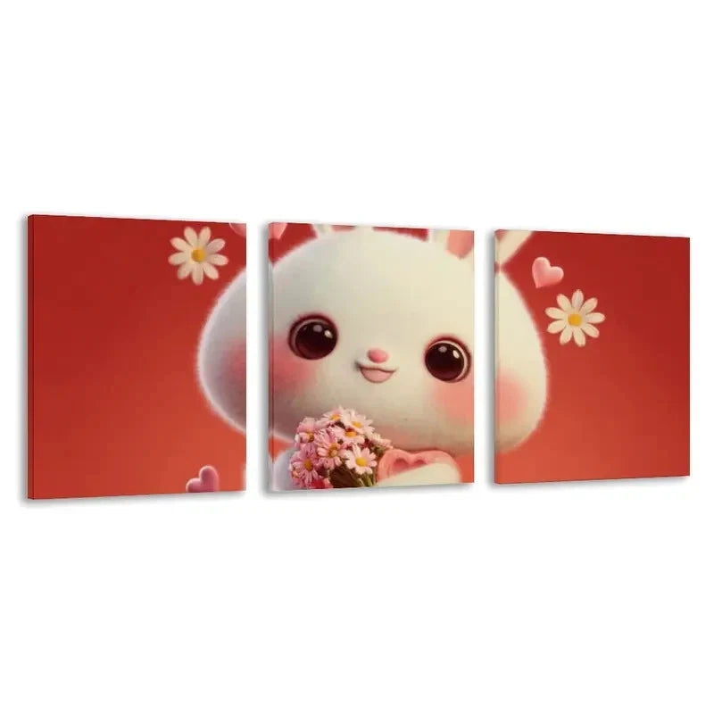 3pcs Cute Cartoon Bunny Holding Flowers  Wall Art Set Canvas Framed 50x70cm - High Quality Print 100% Australian Made Wall Canvas Ready to Hang - Bella Home Decor