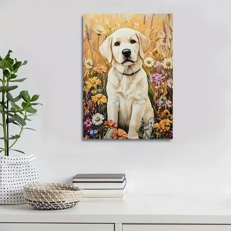 Adorable Labrador Puppy with Vibrant Wild Painting 40x60cm Metal Print Ready to Hang - Bella Home Decor