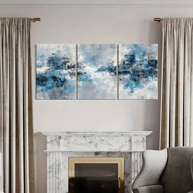 3pcs Modern Abstract Blue & White Textured Metal Print Ready to Hang Art - Bella Home Decor