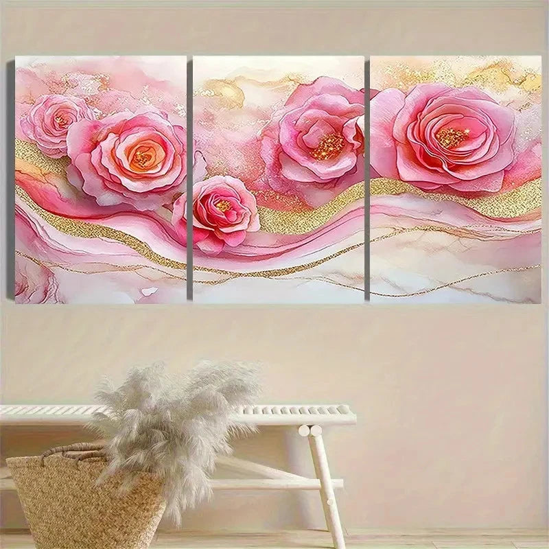 3pcs Elegant Pink Roses Wall Art Set Canvas Framed 50x70cm - High Quality Print 100% Australian Made Wall Canvas Ready to Hang