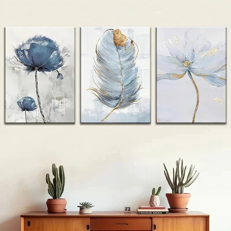 3pcs Modern Floral & Feather Décor Perfect Wall Art Set Canvas Framed 60x90cm - High Quality Print 100% Australian Made Wall Canvas Ready to Hang - Bella Home Decor