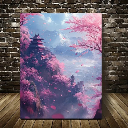 Cherry Blossom Japanese Landscap Blooming Painting 40x60cm Metal Print Ready to Hang - Bella Home Decor