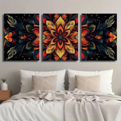 3pcs Mandala Flowers on Black Background Wall Art Set Canvas Unframed - High Quality Print 100% Australian Made Wall Canvas
