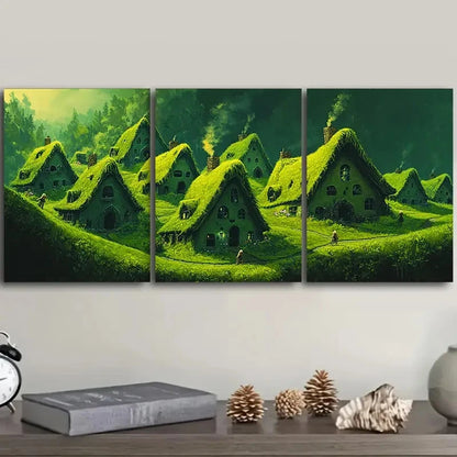3pcs Green Village Houses Art Painting   Wall Art Set Canvas Framed 40x60cm - High Quality Print 100% Australian Made Wall Canvas Ready to Hang