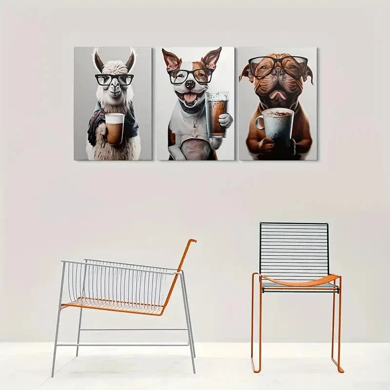3pcs Adorable Animal Dog with Glasses and Bulldog Metal Print Ready to Hang Art - Bella Home Decor