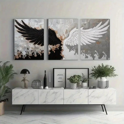 3pcs Black & White Wings, Beige back    Wall Art Set Canvas Framed 60x90cm - High Quality Print 100% Australian Made Wall Canvas Ready to Hang - Bella Home Decor
