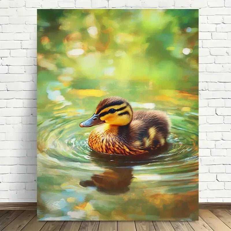 Beautiful Natures Serenity Duckling In Pond Painting  40x60cm Metal Print Ready to Hang - Bella Home Decor