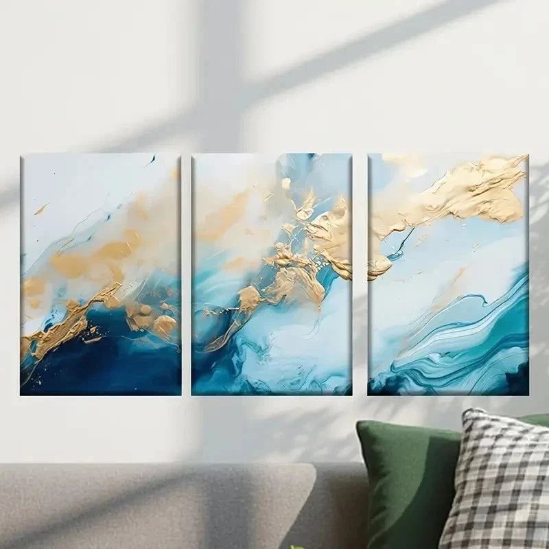 3pcs Abstract Golden and Blue Painting Wall Art Set Canvas Framed 40x60cm - High Quality Print 100% Australian Made Wall Canvas Ready to Hang - Bella Home Decor