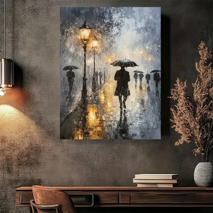 Beautiful Rainy Night Umbrella Walkers Painting 40x60cm Metal Print Ready to Hang - Bella Home Decor