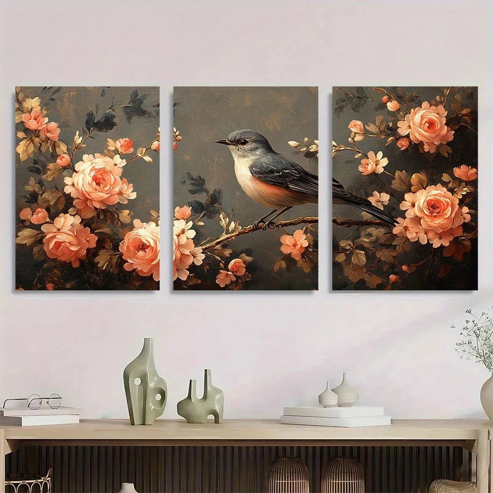 3pcs Exquisite Charming Bird Flowers Wall Art Set Canvas Framed 40x60cm - High Quality Print 100% Australian Made Wall Canvas Ready to Hang