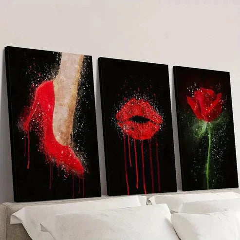 3pcs Abstract Fashion Red Heels Lips Rose Wall Art Canvas Unframed – High Quality Print 100% Australian Made Wall Canvas - Bella Home Decor