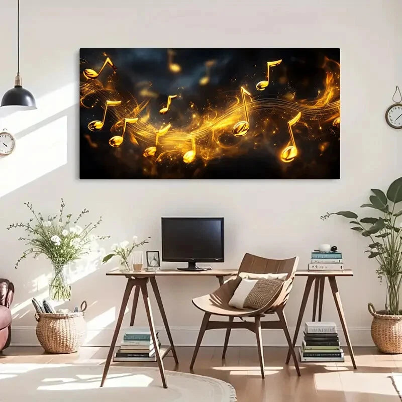 Musical Notes Golden Music Wall Art Canvas Office Home Room Framed 120x60cm - Bella Home Decor