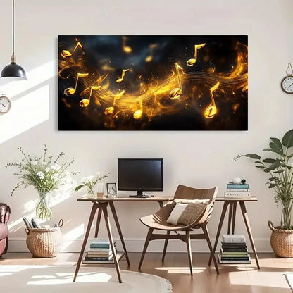 Musical Notes Golden Music Wall Art Canvas Office Home Room Framed 120x60cm - Bella Home Decor
