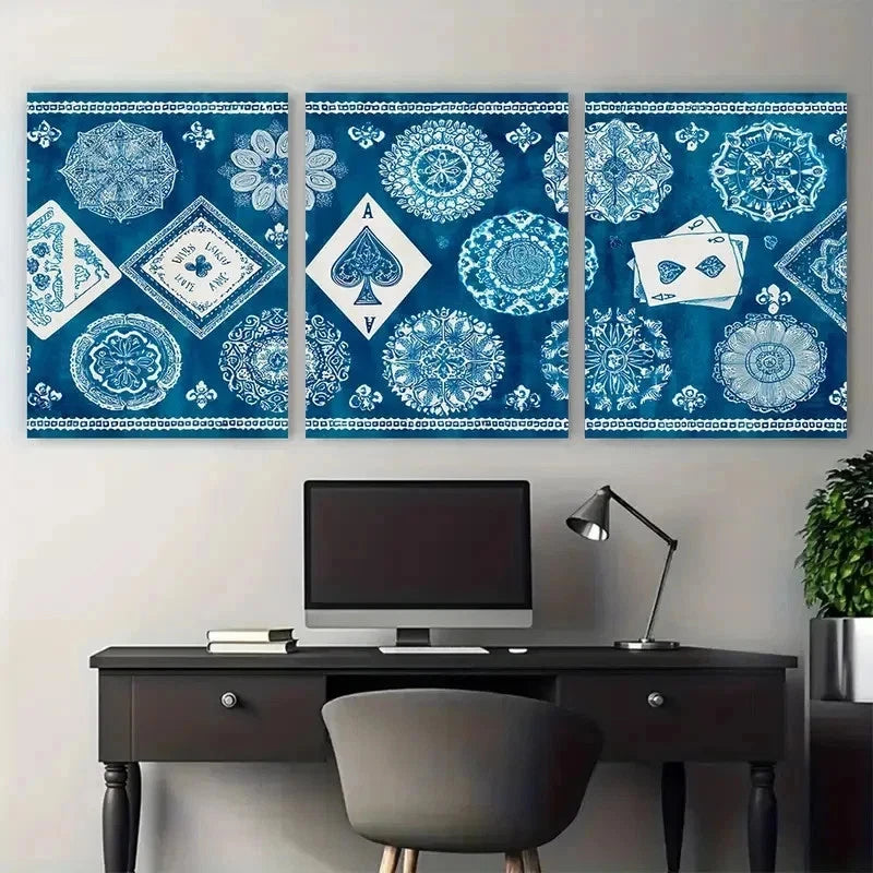 3pcs Blue Retro Ace Playing Card Perfect Wall Art Set Canvas Framed 50x70cm - High Quality Print 100% Australian Made Wall Canvas Ready to Hang - Bella Home Decor