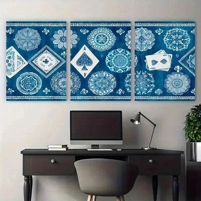 3pcs Blue Retro Ace Playing Card Perfect Wall Art Set Canvas Framed 50x70cm - High Quality Print 100% Australian Made Wall Canvas Ready to Hang - Bella Home Decor