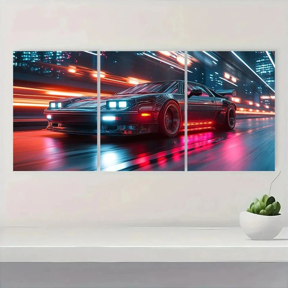 3pcs Midnight Drive Black Sports Car Metal Print Ready to Hang Art - Bella Home Decor