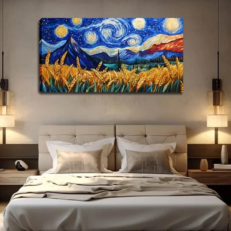 Vibrant Starry Night Sky Wheat Wall Art Canvas Office Home Room Framed 120x60cm - Bella Home Decor