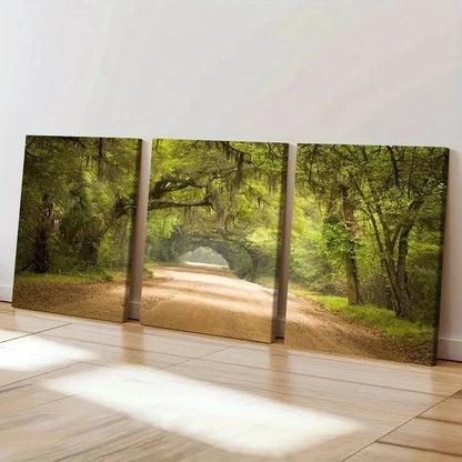3pcs Serene Sunlit Forest Tree Lined Pathway Wall Art Set Canvas Framed 60x90cm - High Quality Print 100% Australian Made Wall Canvas Ready to Hang