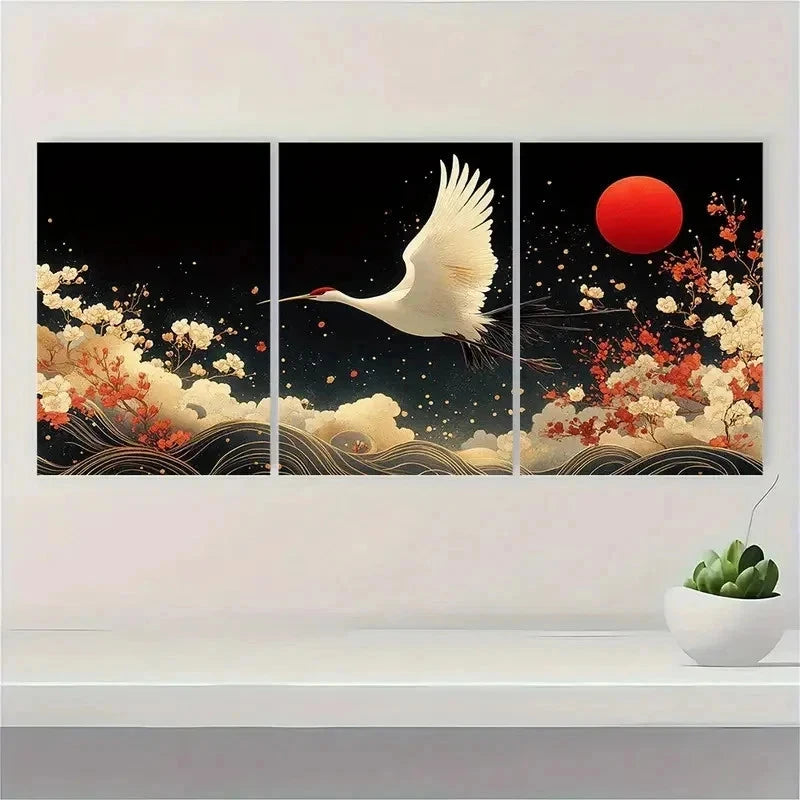 3pcs Japanese Crane Elegant Sakura Perfect Wall Art Set Canvas Framed 50x70cm - High Quality Print 100% Australian Made Wall Canvas Ready to Hang
