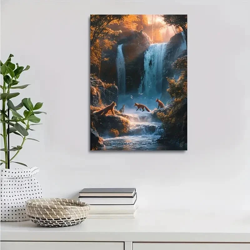 Beautiful Vibrant Fox Chase Morning Mist Painting 40x60cm Metal Print Ready to Hang - Bella Home Decor