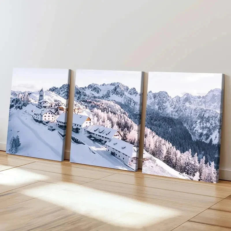 3pcs Snowy Mountain Landscape with Cabin Wall Art Set Canvas Framed 60x90cm - High Quality Print 100% Australian Made Wall Canvas Ready to Hang