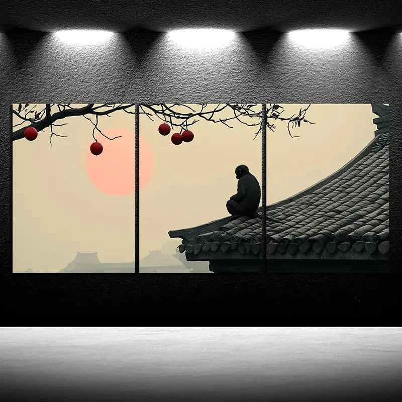 3pcs The Persimmon Tree On The Eaves Monkey Metal Print Ready to Hang Art - Bella Home Decor