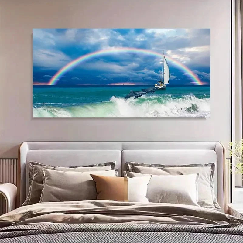 Rainbow Sea View & Dolphin Wall Art Canvas Office Home Room Framed 120x60cm - Bella Home Decor