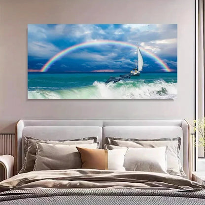 Rainbow Sea View & Dolphin Wall Art Canvas Office Home Room Framed 120x60cm - Bella Home Decor