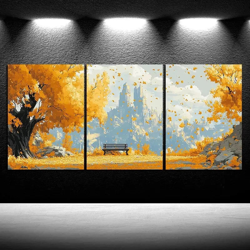 3pcs A Bench Under Autumn Leaves Metal Print Ready to Hang Art - Bella Home Decor