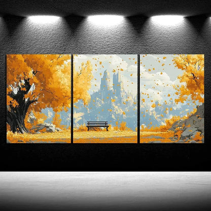 3pcs A Bench Under Autumn Leaves Metal Print Ready to Hang Art - Bella Home Decor