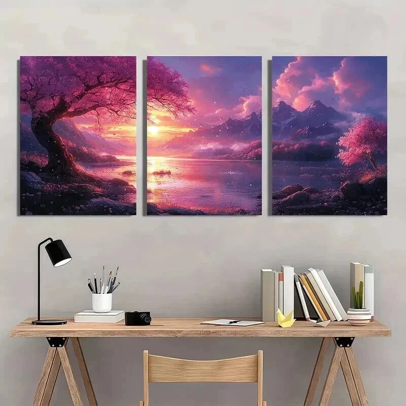 3pcs Pink Blossom Tree & Fantasy Landscape Wall Art Set Canvas Framed 50x70cm - High Quality Print 100% Australian Made Wall Canvas Ready to Hang