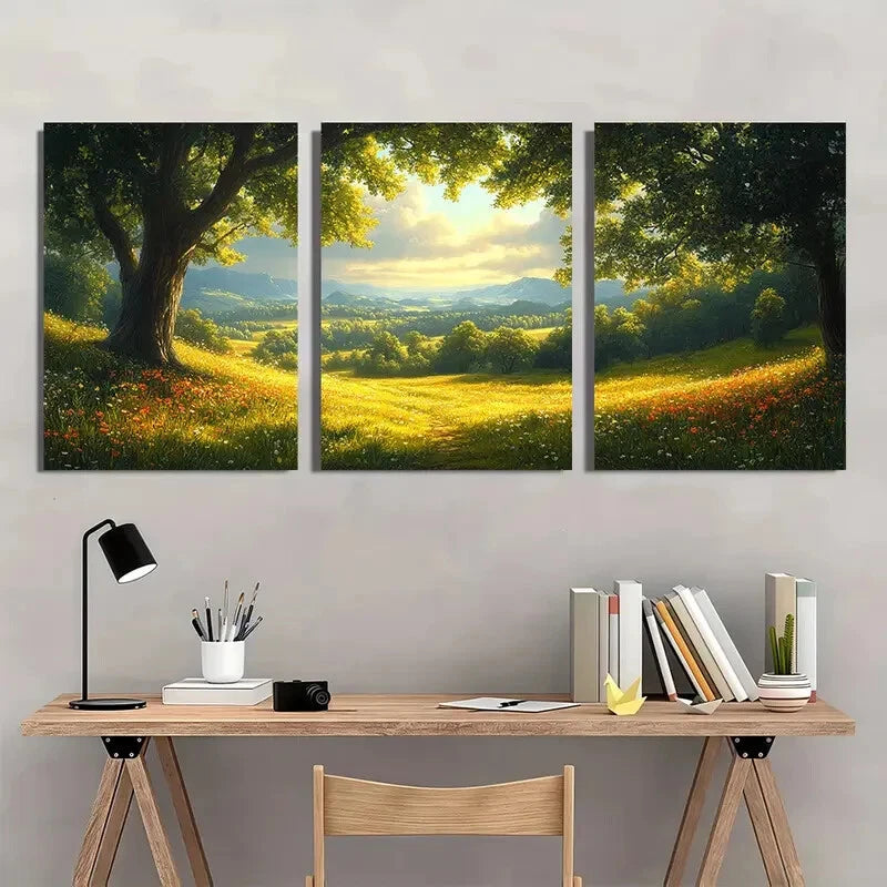 3pcs Pastoral Countryside Landscape with Trees Metal Print Ready to Hang Art - Bella Home Decor