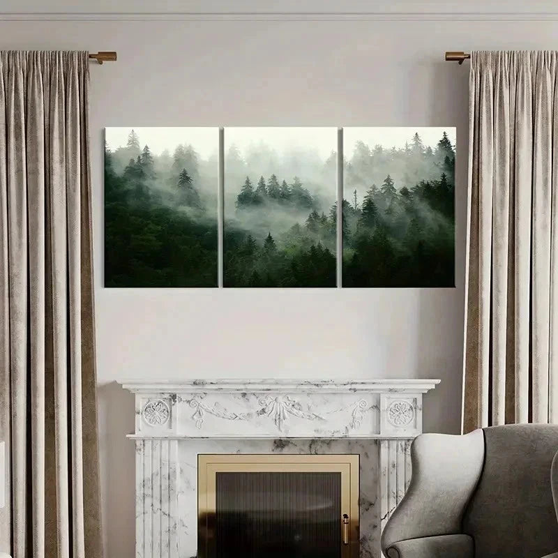 3pcs Forest Fog and Tall Trees Landscape Wall Art Set Canvas Framed 50x70cm - High Quality Print 100% Australian Made Wall Canvas Ready to Hang - Bella Home Decor