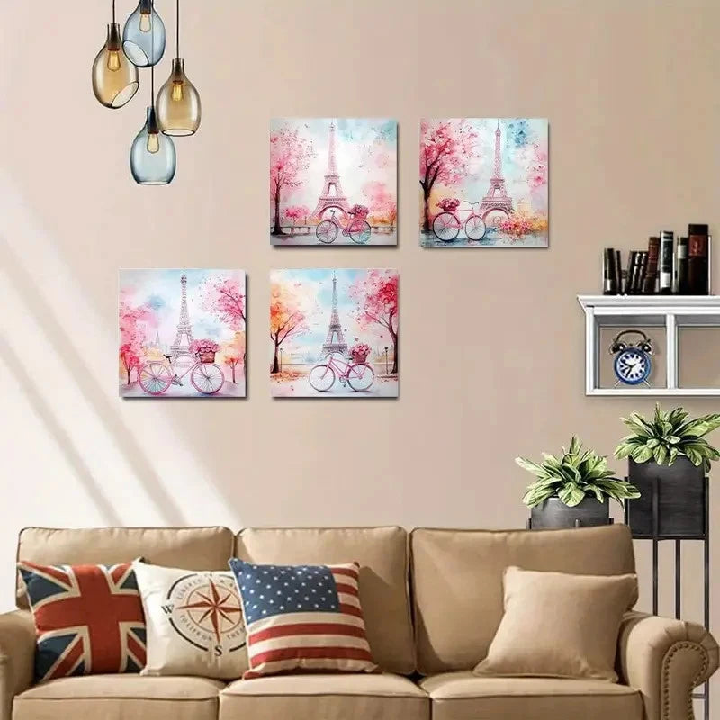4pcs Abstract Eiffel Tower & Bicycle Posters Wall Art Canvas Framed