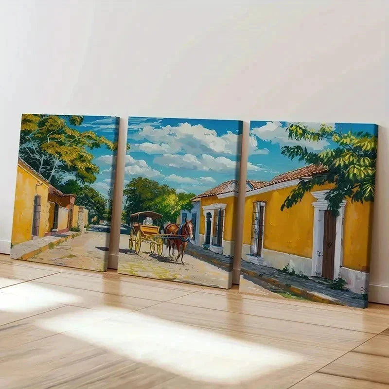 3pcs Horse Drawn Carriage Yellow Buildings Wall Art Set Canvas Framed 40x60cm - High Quality Print 100% Australian Made Wall Canvas Ready to Hang