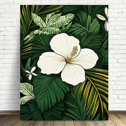 Beautiful Tropical White Hibiscus Green Leaves & Palm 40x60cm Metal Print Ready to Hang - Bella Home Decor
