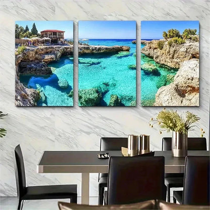 3pcs Cypriot Travel Nature Blue Perfect Wall Art Set Canvas Framed 50x70cm - High Quality Print 100% Australian Made Wall Canvas Ready to Hang - Bella Home Decor