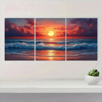 3pcs Beach Sunset Vibrant Abstract Ocean Waves Wall Art Set Canvas Framed 40x60cm - High Quality Print 100% Australian Made Wall Canvas Ready to Hang - Bella Home Decor