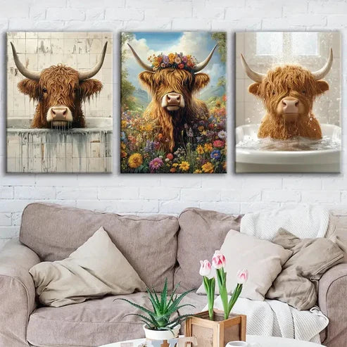 3pcs Highland Cows Blue Sky & White Clouds Brown Wall Art Set Canvas Unframed - High Quality Print 100% Australian Made Wall Canvas