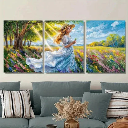 3pcs Elegant Woman in Nature Wildflowers Tree Wall Art Set Canvas Unframed - High Quality Print 100% Australian Made Wall Canvas