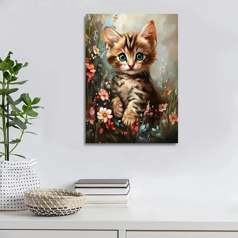 Beautiful Cute Bengal Kitten with Flowers Painting 40x60cm Metal Print Ready to Hang - Bella Home Decor