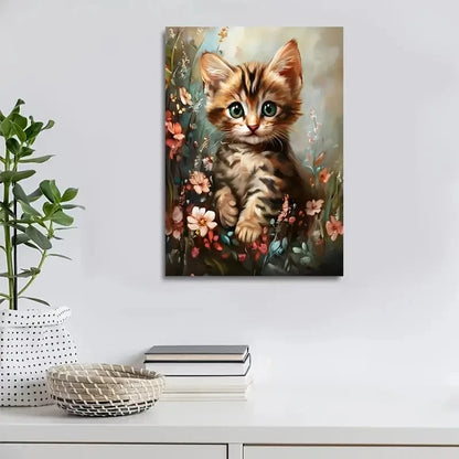 Beautiful Cute Bengal Kitten with Flowers Painting 40x60cm Metal Print Ready to Hang - Bella Home Decor
