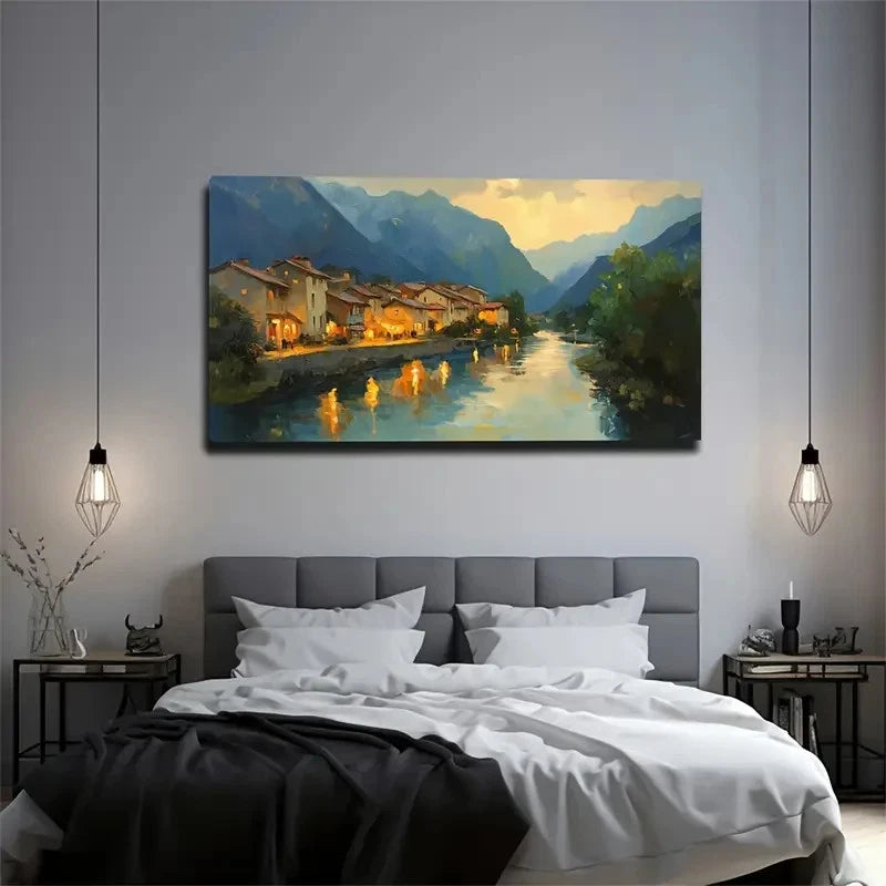 Serene River Villa Scene Wall Art Canvas Office Home Room Framed 120x60cm
