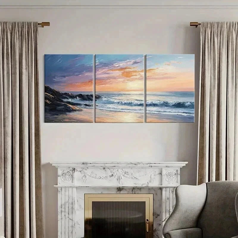 3pcs Sunset Ocean Rocks Sky Nature Wall Art Set Canvas Framed 60x90cm - High Quality Print 100% Australian Made Wall Canvas Ready to Hang - Bella Home Decor