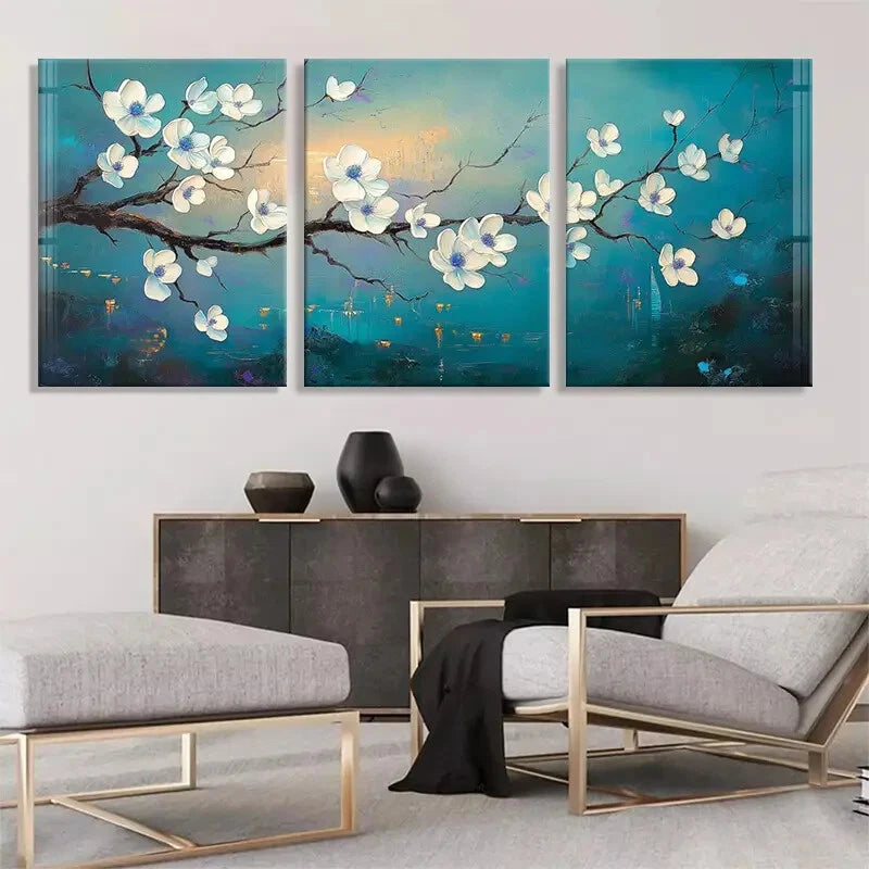 3pcs Elegant Magnolia Blossom Blue & White Tones Metal Print Ready to Hang Art - Bella Home Decor