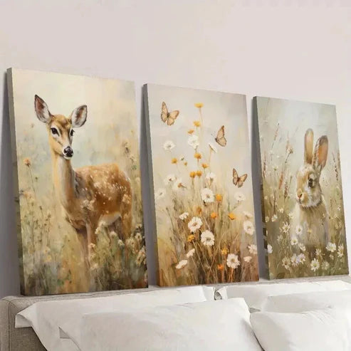 3pcs Deer And Bunny Scenery in Flower Field Wall Art Set Canvas Unframed - High Quality Print 100% Australian Made Wall Canvas - Bella Home Decor