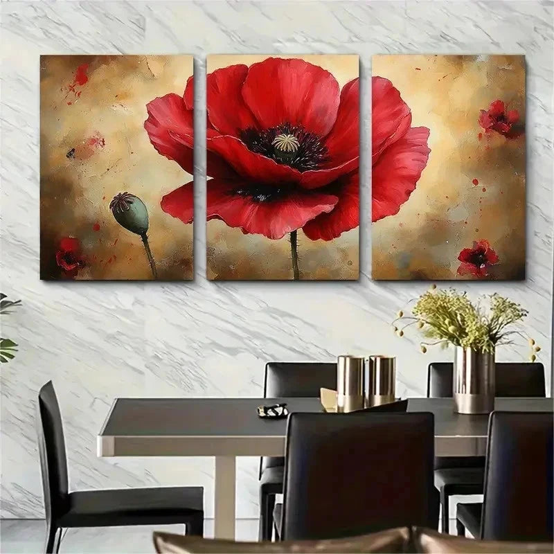3pcs Deep Red Poppy Floral Decor Perfect Wall Art Set Canvas Framed 50x70cm - High Quality Print 100% Australian Made Wall Canvas Ready to Hang - Bella Home Decor