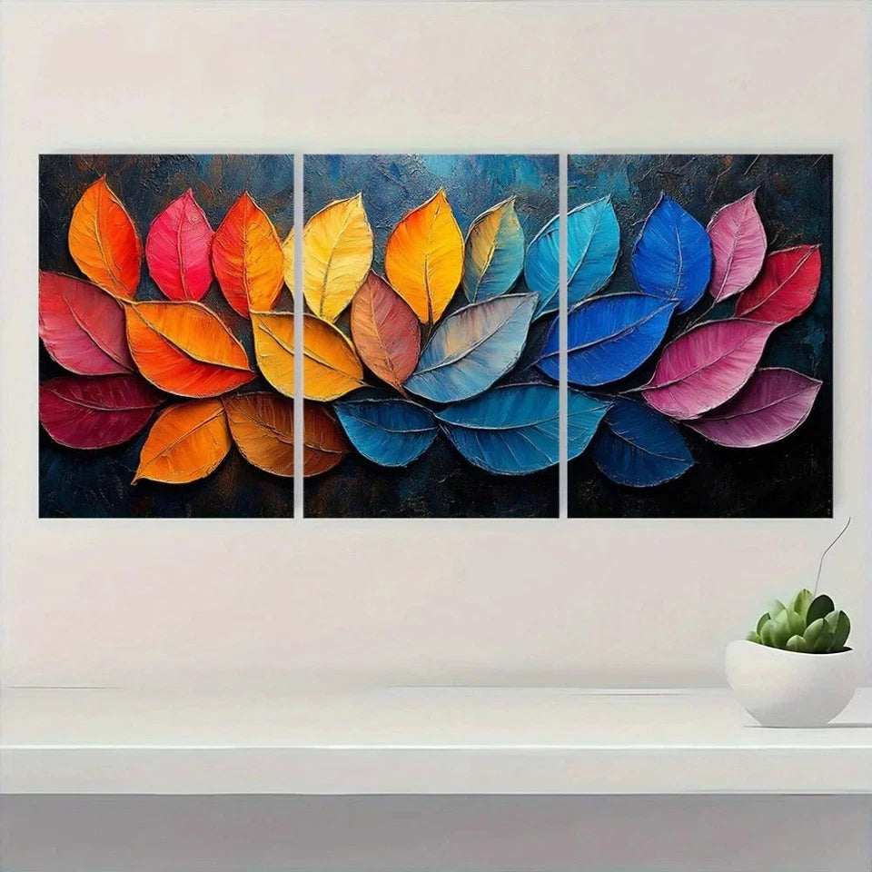 3pcs Vibrant Colorful Leaf Modern Abstract Metal Print Ready to Hang Art - Bella Home Decor